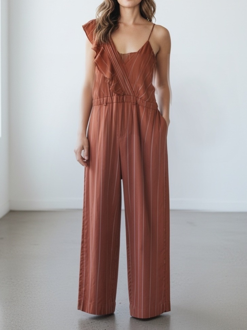 Three Floor Terracotta PinStriped One-Shoulder Jumpsuit